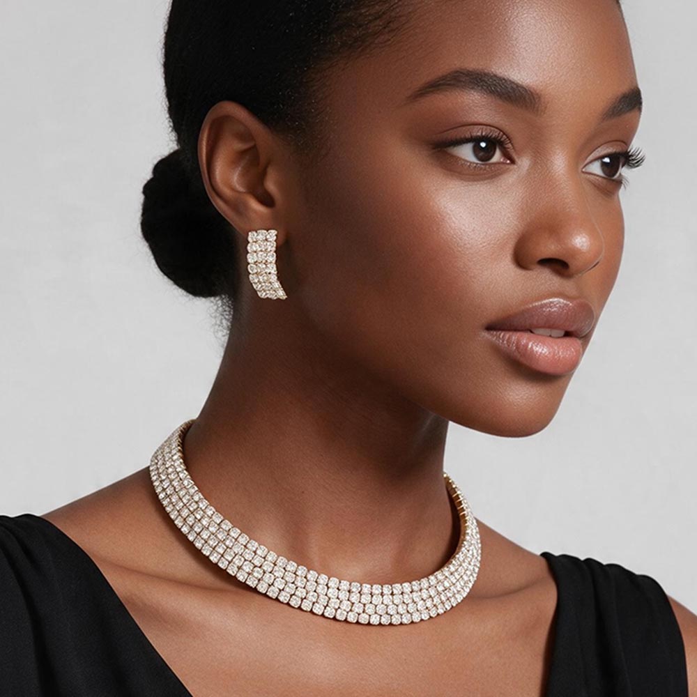Madeline Love Clear, Gold 4-Row crystal Rhinestone Banded Open Choker Necklace