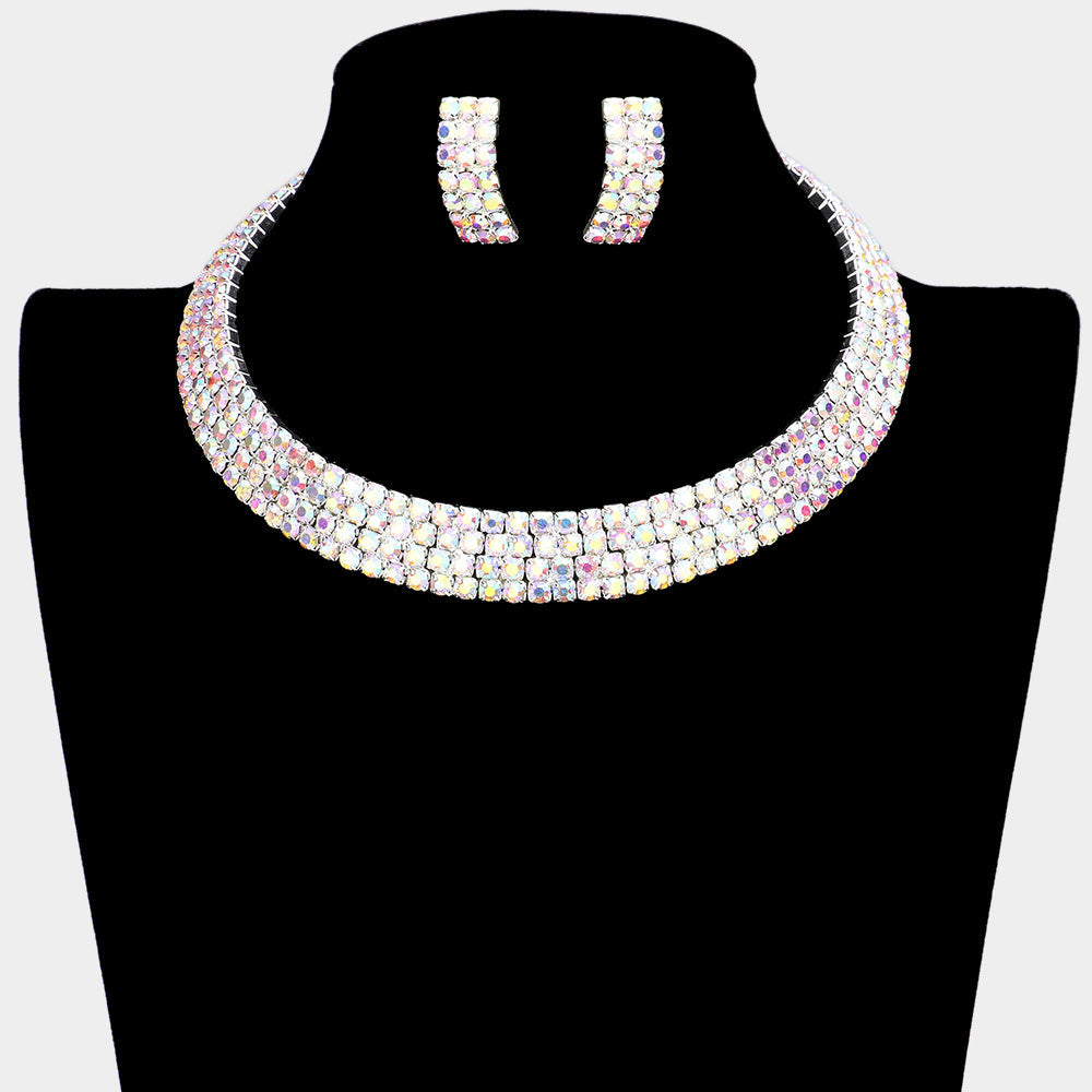 Madeline Love AB, Silver 4-Row crystal Rhinestone Banded Open Choker Necklace - Necklaces