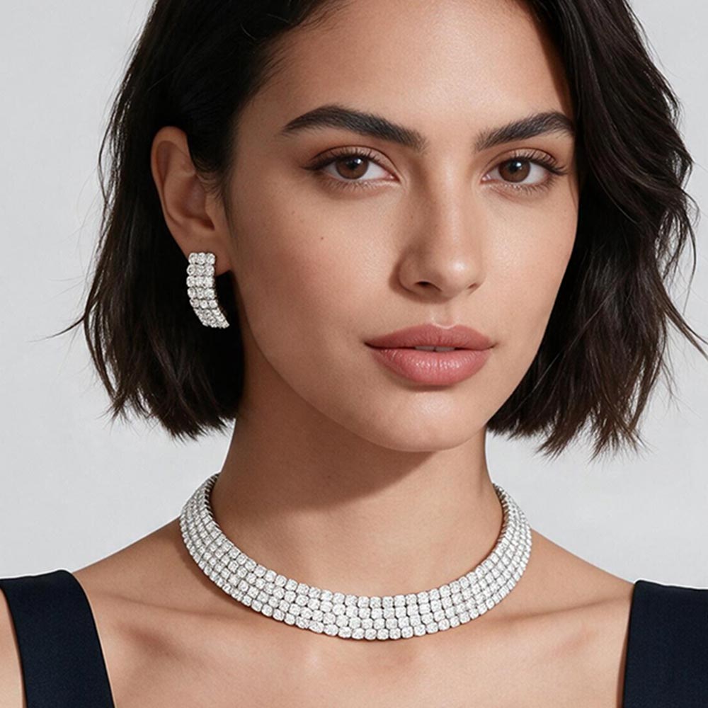 Madeline Love Clear, Silver 4-Row crystal Rhinestone Banded Open Choker Necklace
