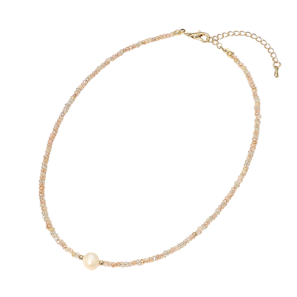 Madeline Love Gold, Pink Pearl Accent Seed Beaded Choker Nedcklace - Necklaces - extra