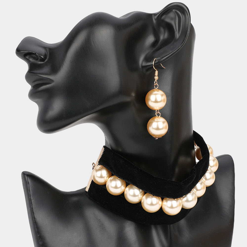 Madeline Love Black, Cream Pearl Beaded Velvet Choker Necklace - Necklaces