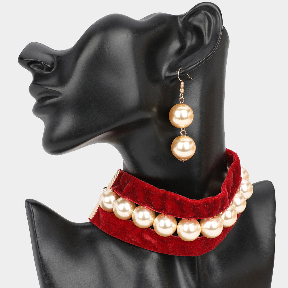 Madeline Love Burgundy, Cream Pearl Beaded Velvet Choker Necklace - Necklaces