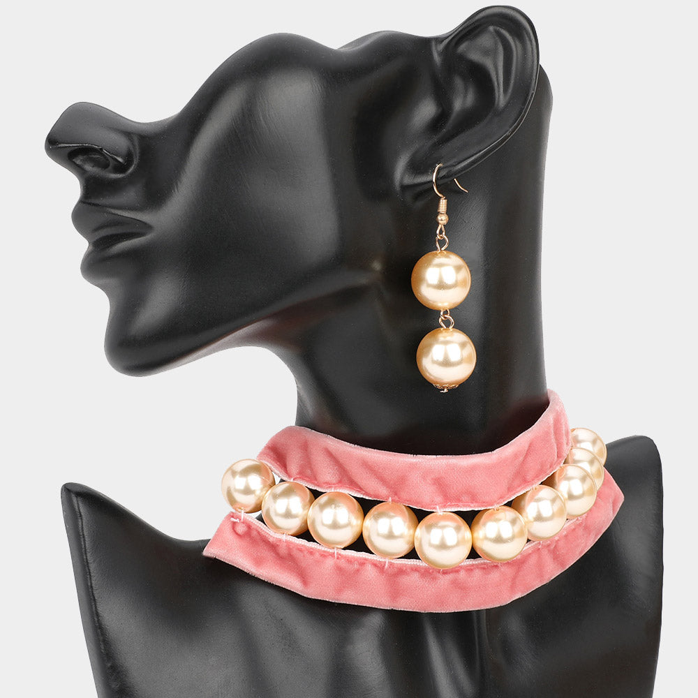 Madeline Love Cream, Pink Pearl Beaded Velvet Choker Necklace - Necklaces