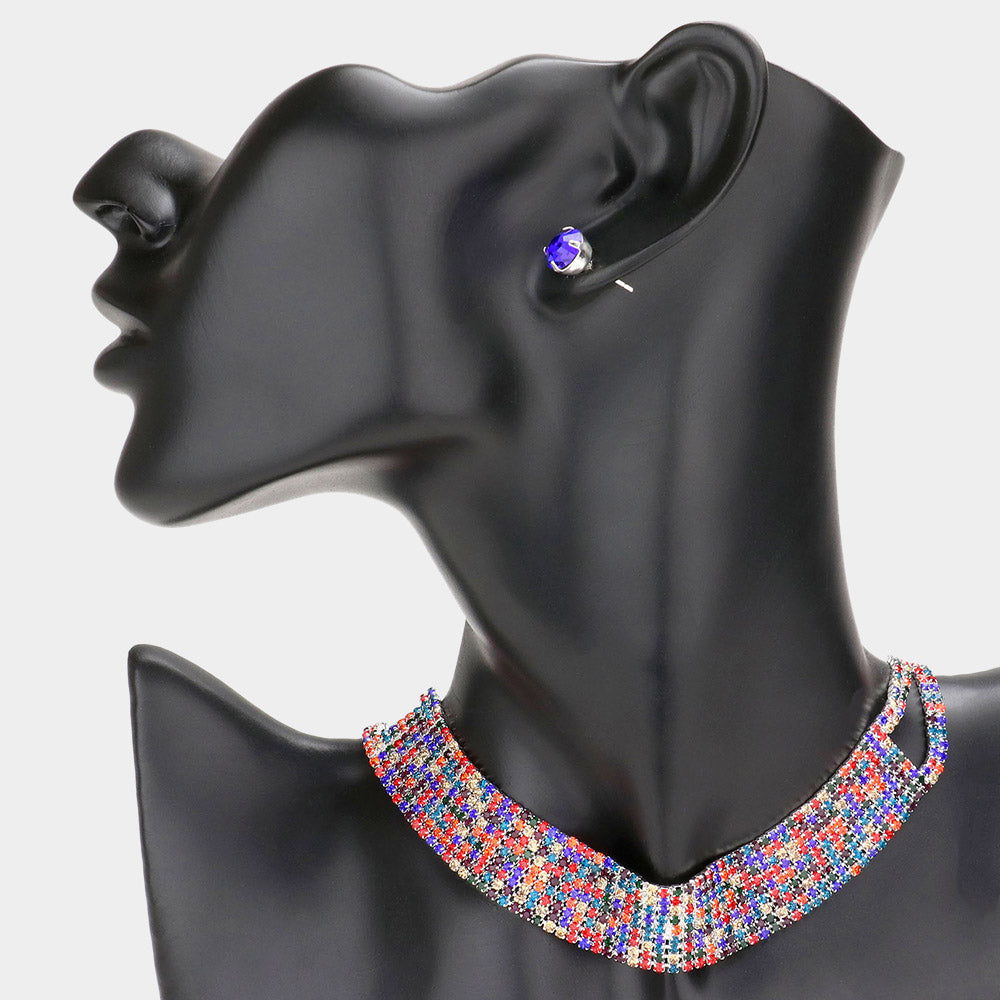 Madeline Love Multi, Silver Rhinestone Pave Choker Necklace - Necklaces