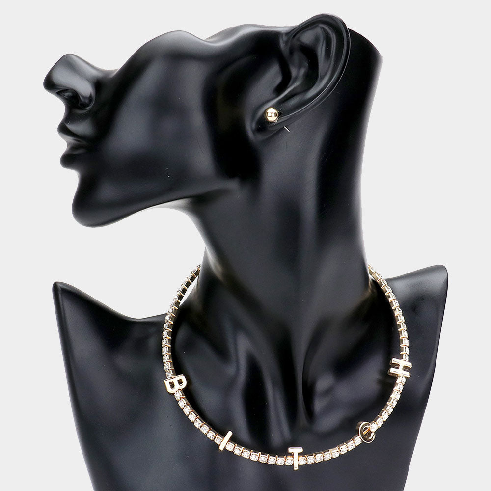 Madeline Love Gold BITCH Metal Message Pendant Stone Choker Necklace