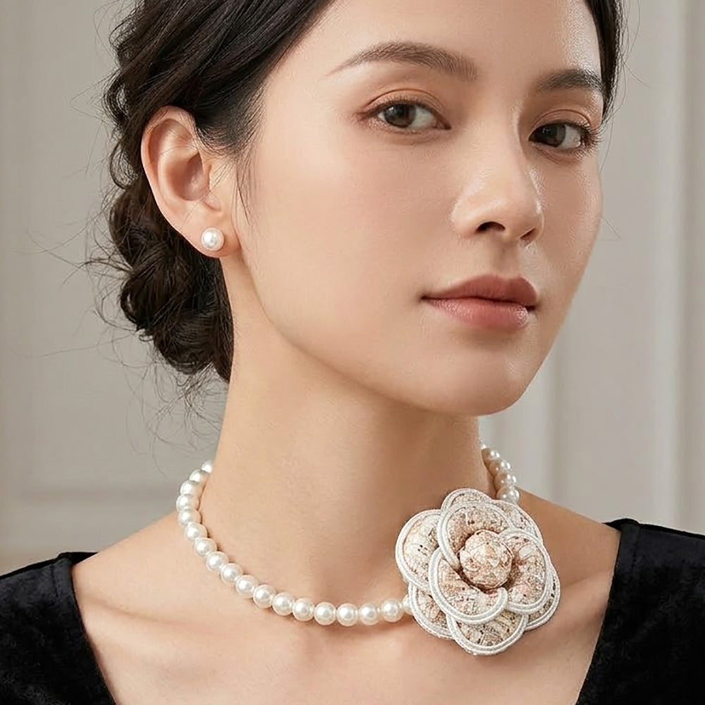 Madeline Love Gold, Neutral Flower Accent Pearl Beaded Choker Necklace - Necklaces