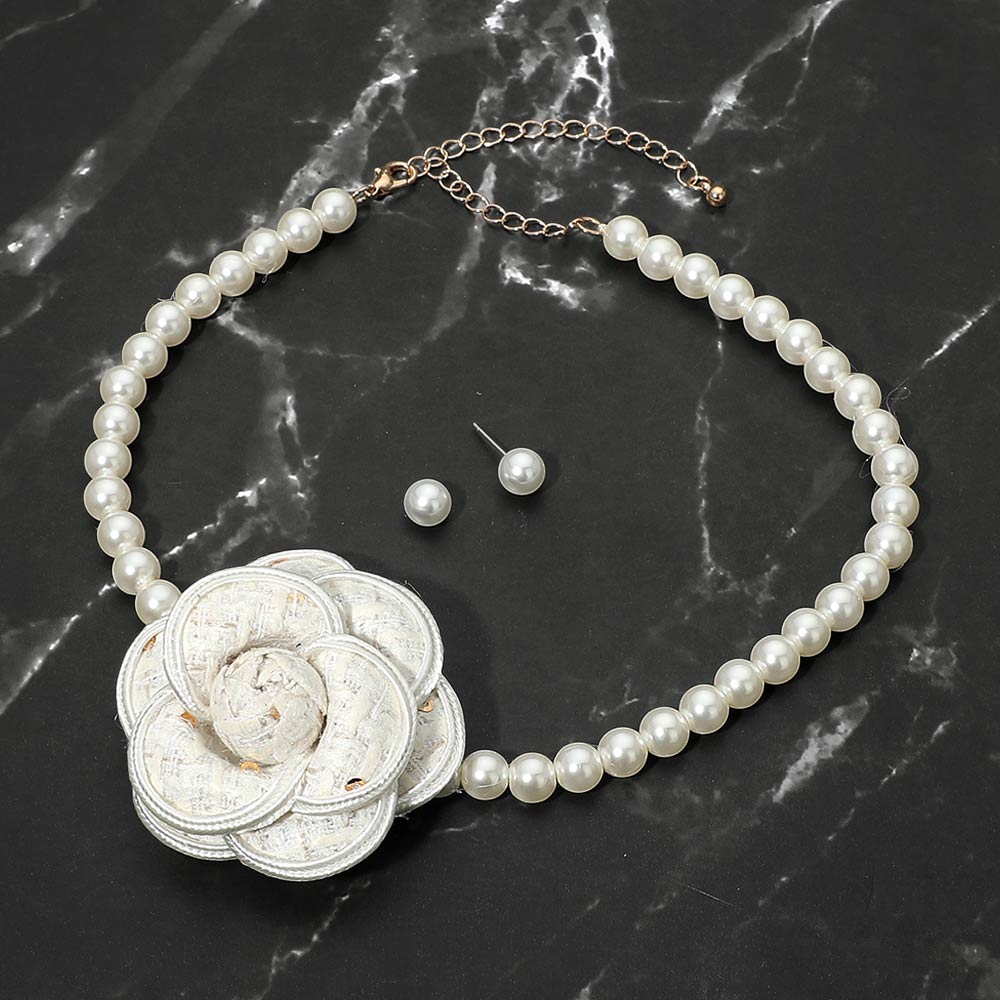 Madeline Love Gold, White Flower Accent Pearl Beaded Choker Necklace - Necklaces
