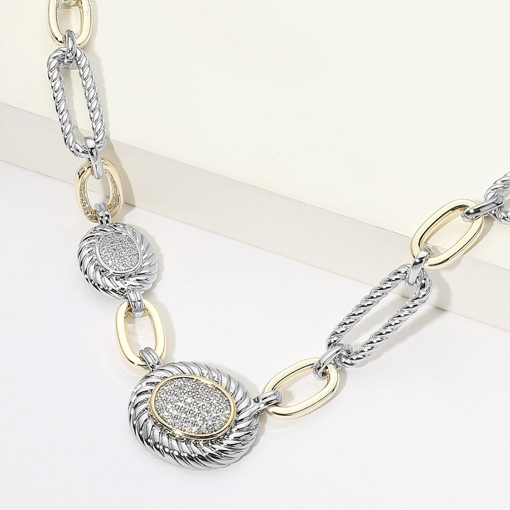 Madeline Love Two Tone 14K Gold Plated Two Tone CZ Pave Oval Accent Mixed Link Choker Necklace