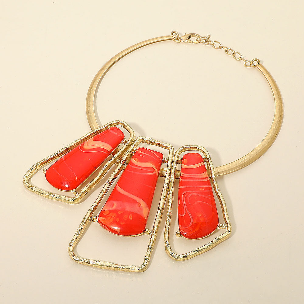 Madeline Love Coral, Gold Bold Geometric Triple Stone Accent Choker Necklace - Necklaces