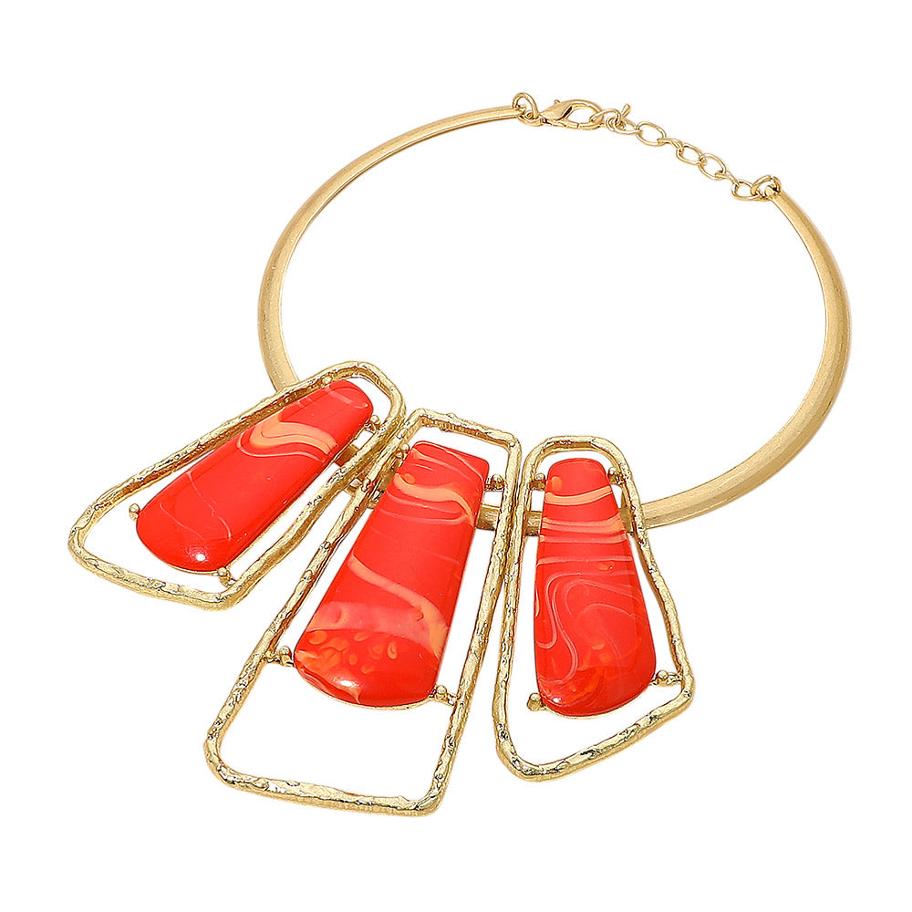 Madeline Love Coral, Gold Bold Geometric Triple Stone Accent Choker Necklace - Necklaces - desc
