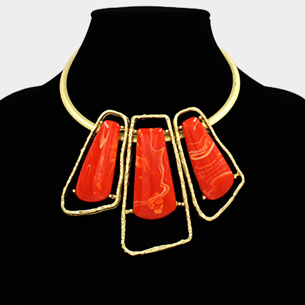 Madeline Love Coral, Gold Bold Geometric Triple Stone Accent Choker Necklace - Necklaces - extra