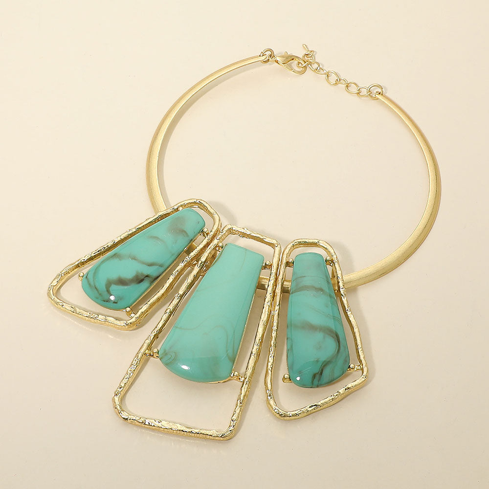 Madeline Love Gold, Turquoise Bold Geometric Triple Stone Accent Choker Necklace - Necklaces