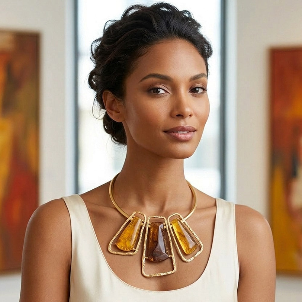 Madeline Love Gold, Tortoise Bold Geometric Triple Stone Accent Choker Necklace - Necklaces