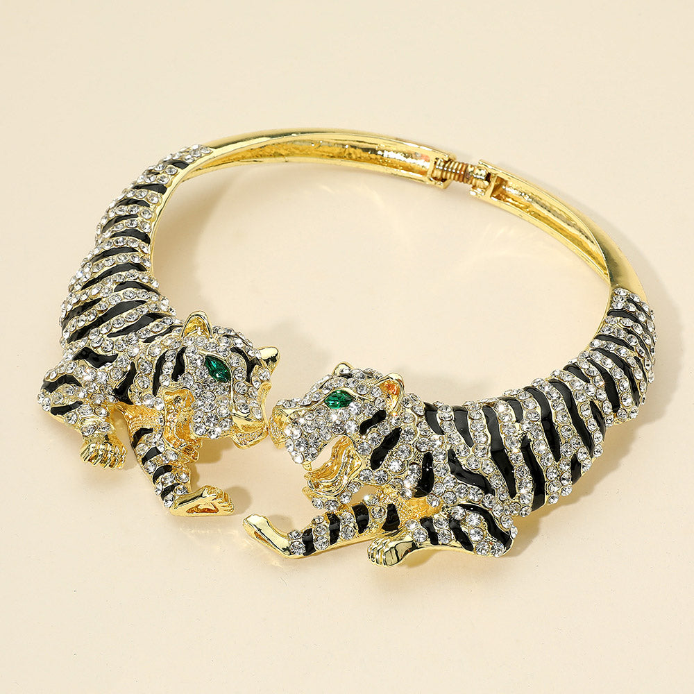 Madeline Love Clear, Gold Bold Rhinestone Embellished Tiger Hinged Choker Necklace - Necklaces