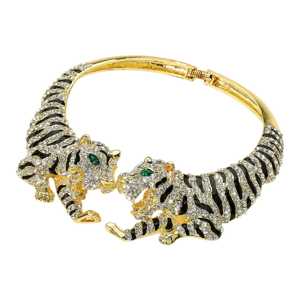 Madeline Love Clear, Gold Bold Rhinestone Embellished Tiger Hinged Choker Necklace - Necklaces - desc
