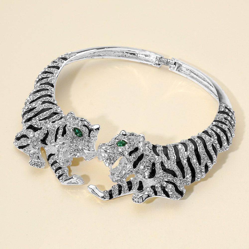 Madeline Love Clear, Silver Bold Rhinestone Embellished Tiger Hinged Choker Necklace - Necklaces