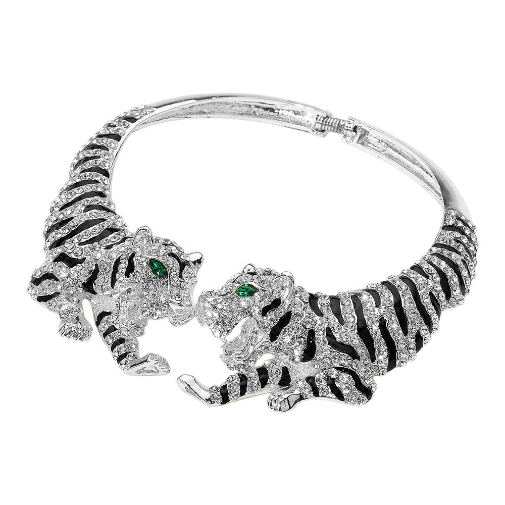 Madeline Love Clear, Silver Bold Rhinestone Embellished Tiger Hinged Choker Necklace - Necklaces - desc