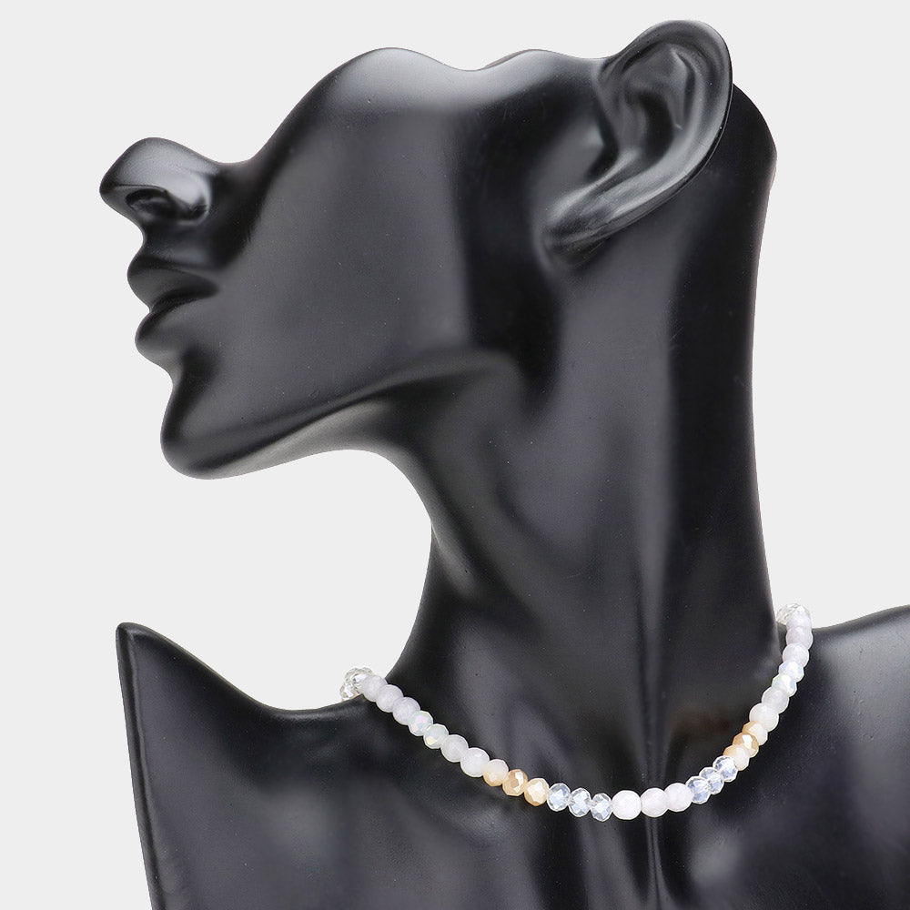 Madeline Love Gold, White Semi Precious Faceted Beaded Choker Necklace
