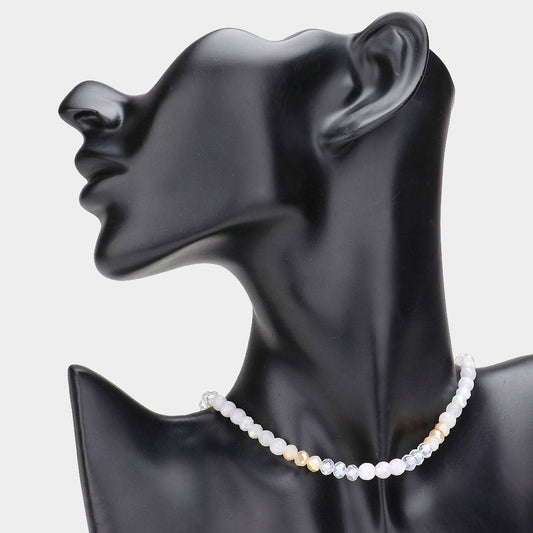 Madeline Love Gold, White Semi Precious Faceted Beaded Choker Necklace