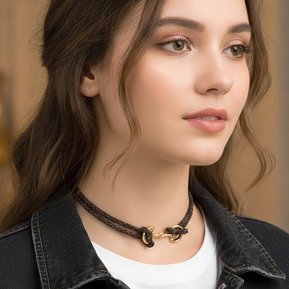Madeline Love Brown, Gold Metal Link Accent Braided Cord Choker Necklace - Necklaces