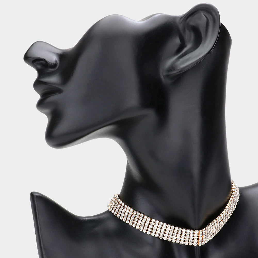 Madeline Love Gold 5-Row Rhinestone Pave Evening Choker Necklace - Necklaces