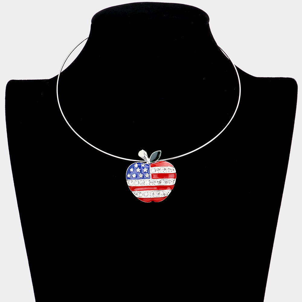 Madeline Love Multi, Rhodium American USA Flag Apple Open Choker Necklace / Brooch / Pendant Set - Brooches