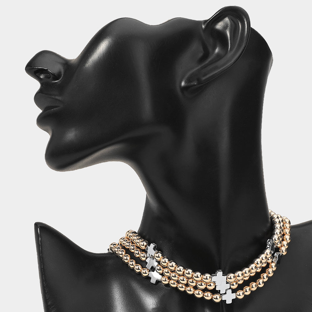 Madeline Love Gold, Rhodium Triple Metal Cross Ball Beaded Layered Strand Choker Necklace