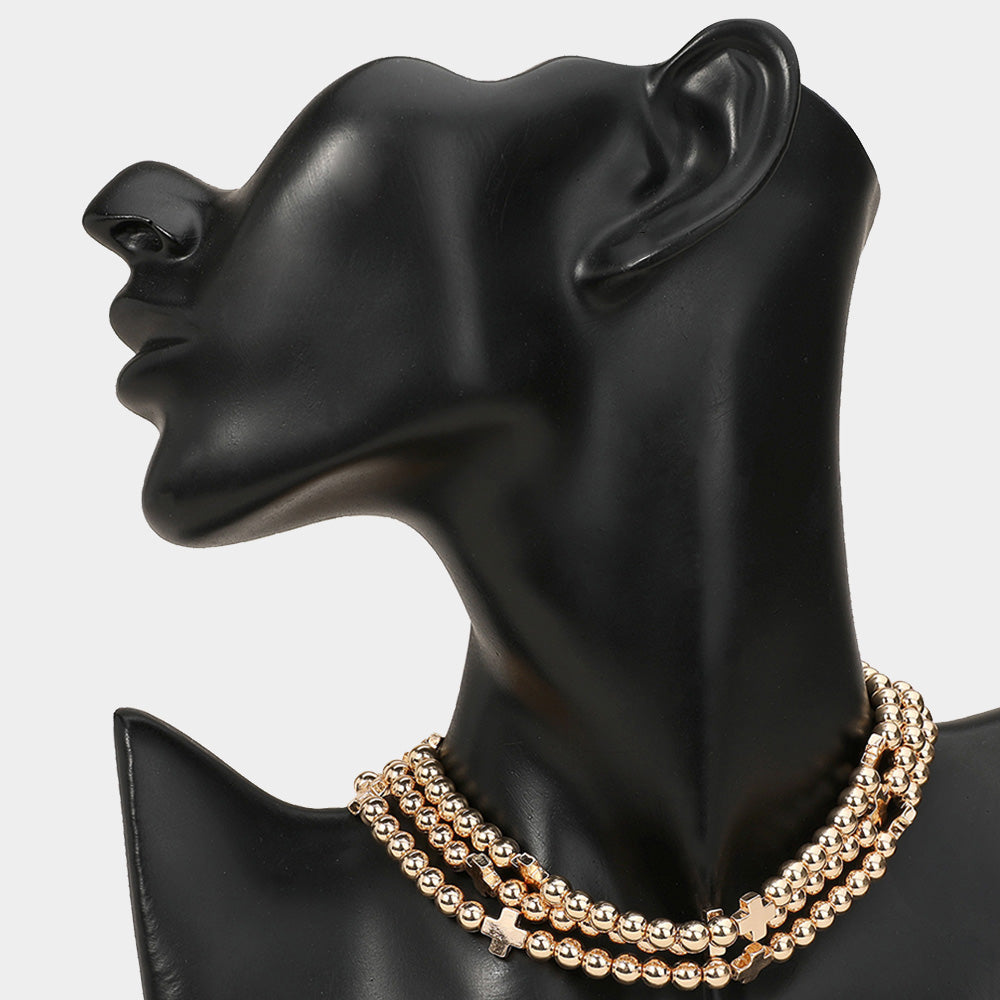 Madeline Love Gold Triple Metal Cross Ball Beaded Layered Strand Choker Necklace