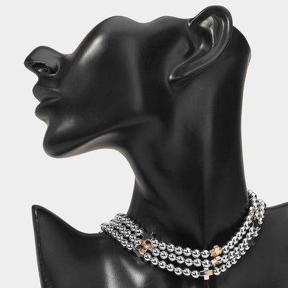 Madeline Love Gold, Rhodium Triple Metal Cross Ball Beaded Layered Strand Choker Necklace