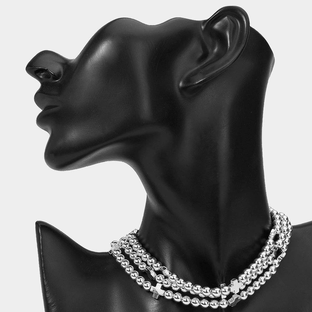 Madeline Love Rhodium Triple Metal Cross Ball Beaded Layered Strand Choker Necklace