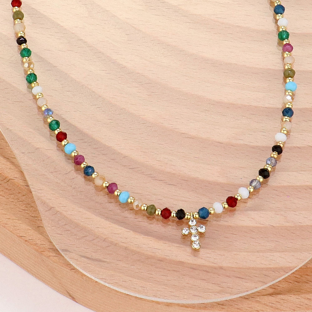 Madeline Love Gold, Multi Stone Paved Cross Pendant Pointed Faceted Beaded Choker Necklace - Necklaces