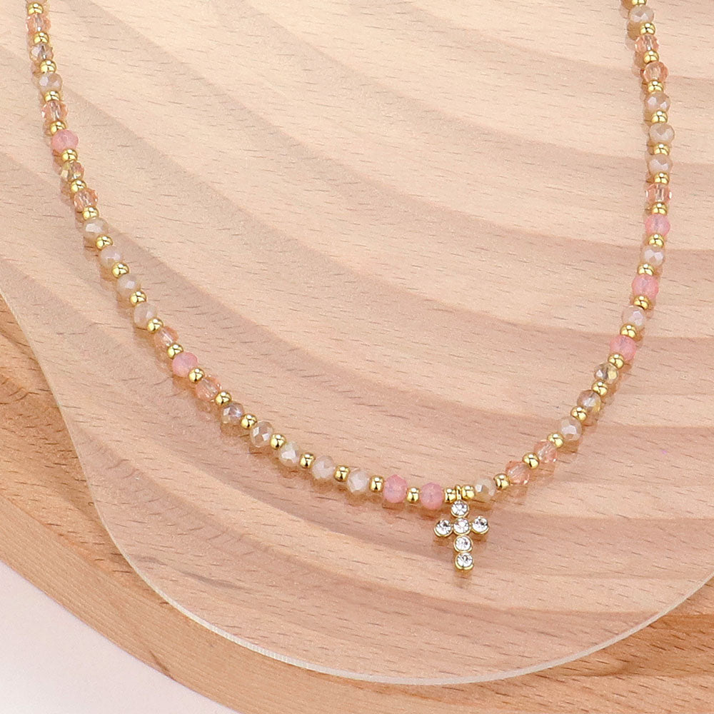 Madeline Love Gold, Pink Stone Paved Cross Pendant Pointed Faceted Beaded Choker Necklace - Necklaces