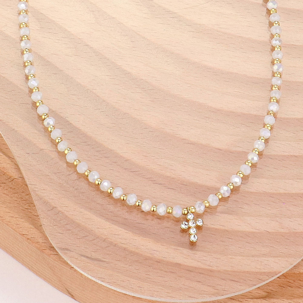 Madeline Love Gold, White Stone Paved Cross Pendant Pointed Faceted Beaded Choker Necklace - Necklaces