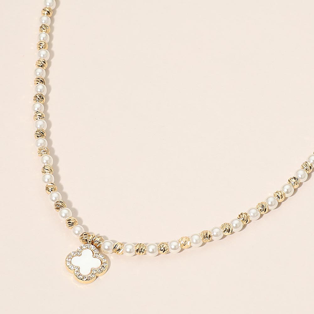Madeline Love Cream, Gold Mother of Pearl Quatrefoil Charm Pendant Accent Beaded Choker Necklace - Necklaces