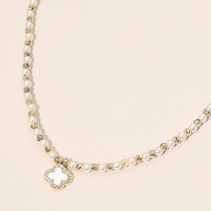 Madeline Love Cream, Gold Mother of Pearl Quatrefoil Charm Pendant Accent Beaded Choker Necklace - Necklaces