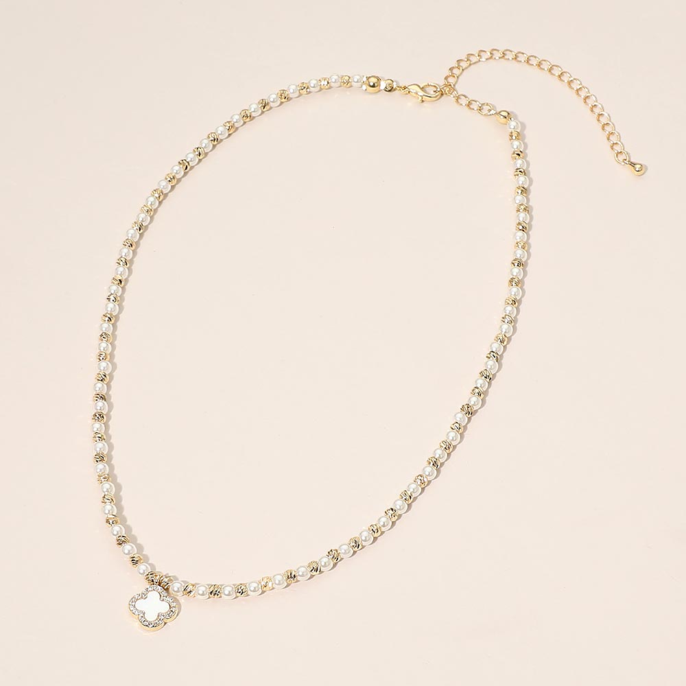 Madeline Love Cream, Gold Mother of Pearl Quatrefoil Charm Pendant Accent Beaded Choker Necklace - Necklaces - desc