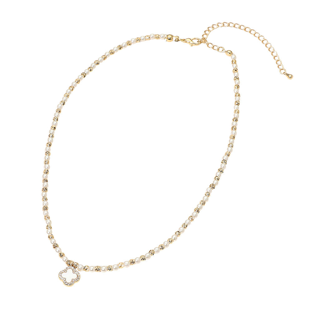 Madeline Love Cream, Gold Mother of Pearl Quatrefoil Charm Pendant Accent Beaded Choker Necklace - Necklaces - extra