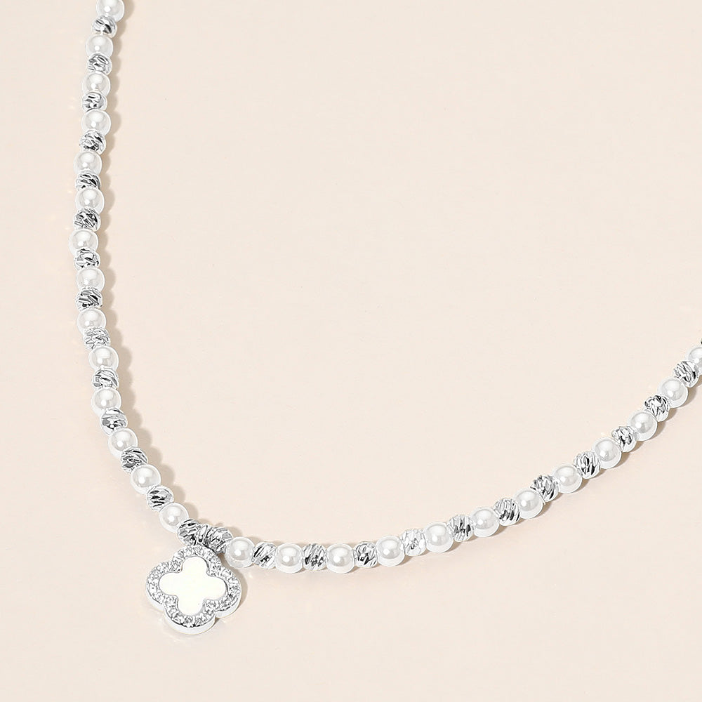 Madeline Love Cream, Rhodium Mother of Pearl Quatrefoil Charm Pendant Accent Beaded Choker Necklace - Necklaces