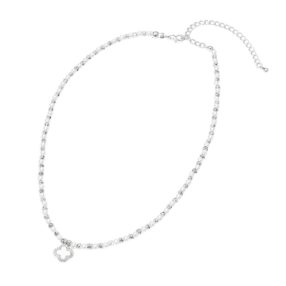 Madeline Love Cream, Rhodium Mother of Pearl Quatrefoil Charm Pendant Accent Beaded Choker Necklace - Necklaces - extra