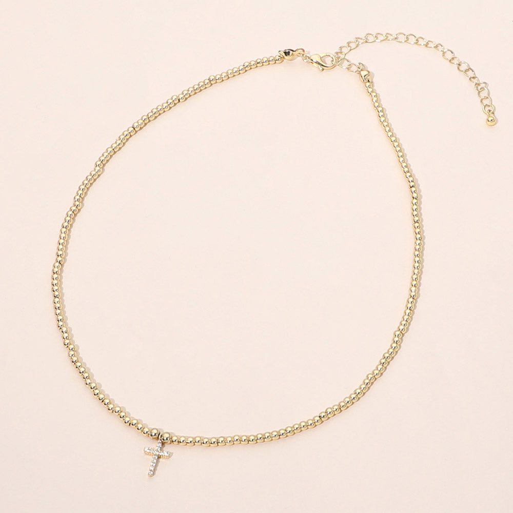 Madeline Love Clear, Gold Dainty CZ Cross Charm Pendant Beaded Chcoker Necklace