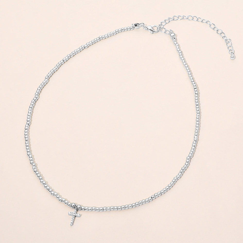 Madeline Love Clear, Rhodium Dainty CZ Cross Charm Pendant Beaded Chcoker Necklace