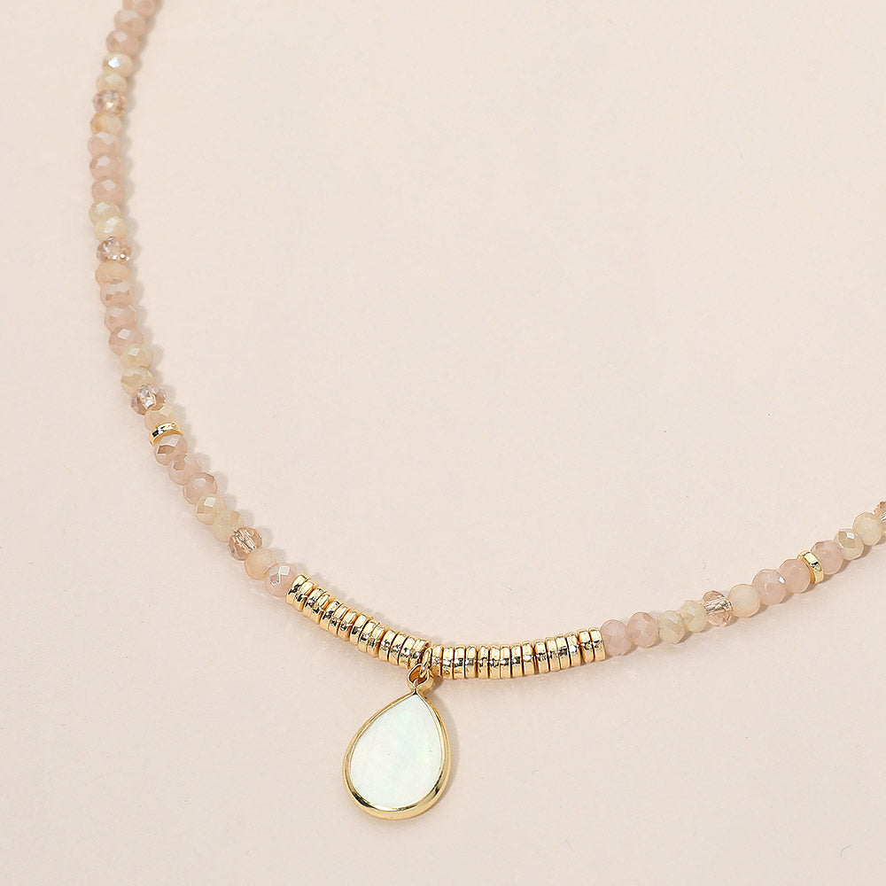 Madeline Love Beige, Gold Teardrop Mother of Pearl Pendant Faceted Beaded Choker Necklace
