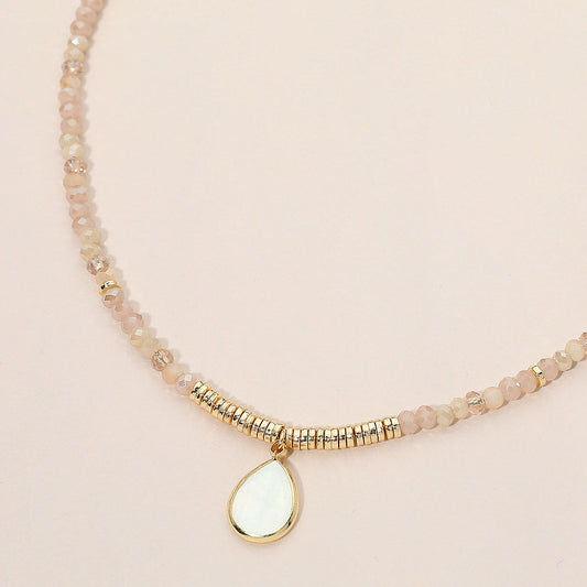 Madeline Love Beige, Gold Teardrop Mother of Pearl Pendant Faceted Beaded Choker Necklace