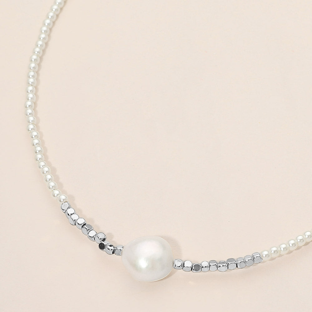 Madeline Love Cream, Rhodium Pearl Beaded Choker Necklace