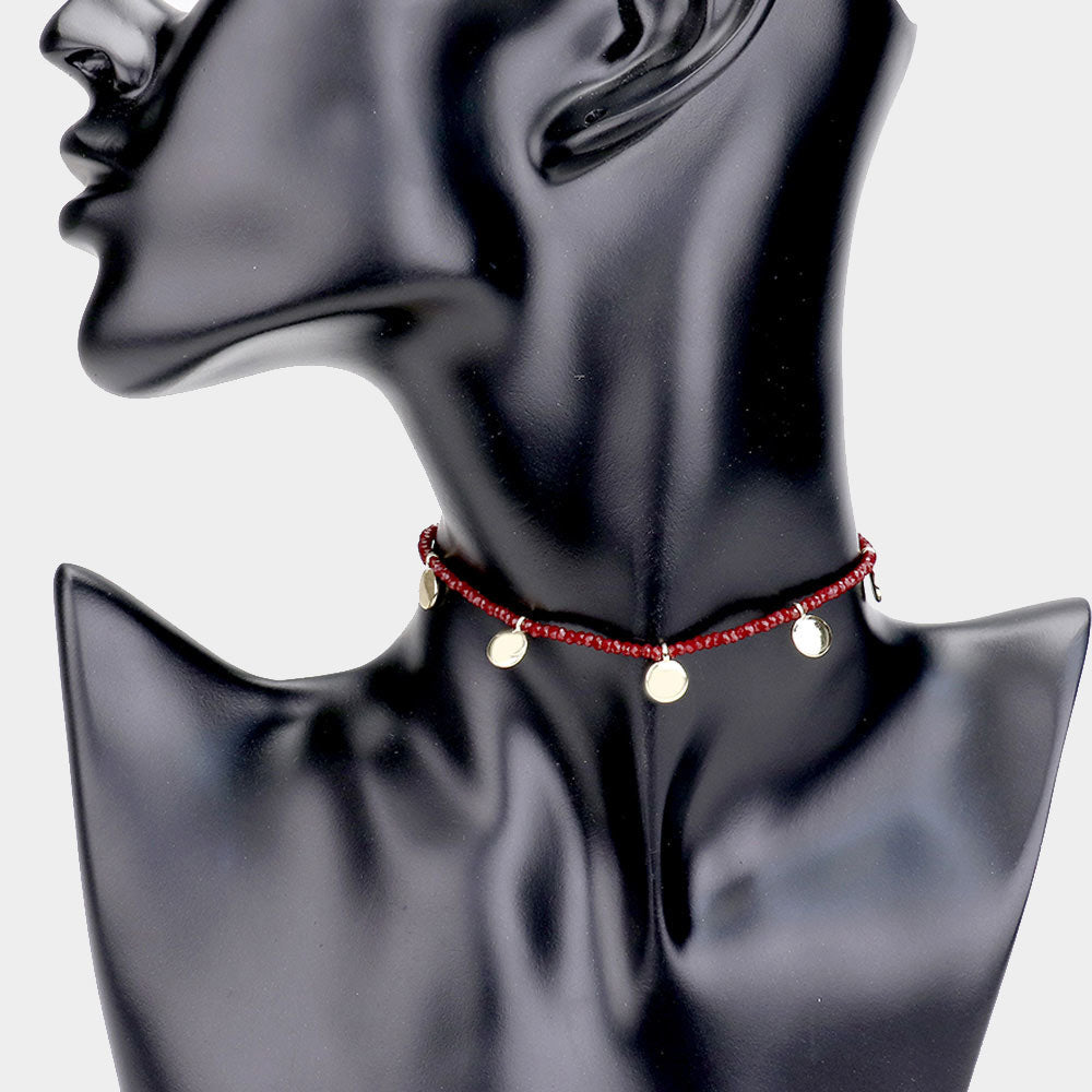 Madeline Love Burgundy, Gold Seed Bead Round Metal Choker Necklace
