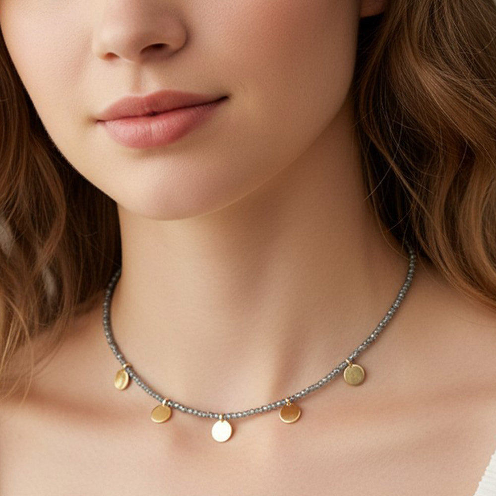 Madeline Love Gold, Navy Seed Bead Round Metal Choker Necklace