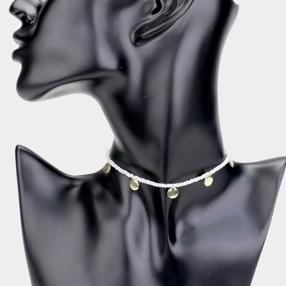 Madeline Love Gold, White Seed Bead Round Metal Choker Necklace