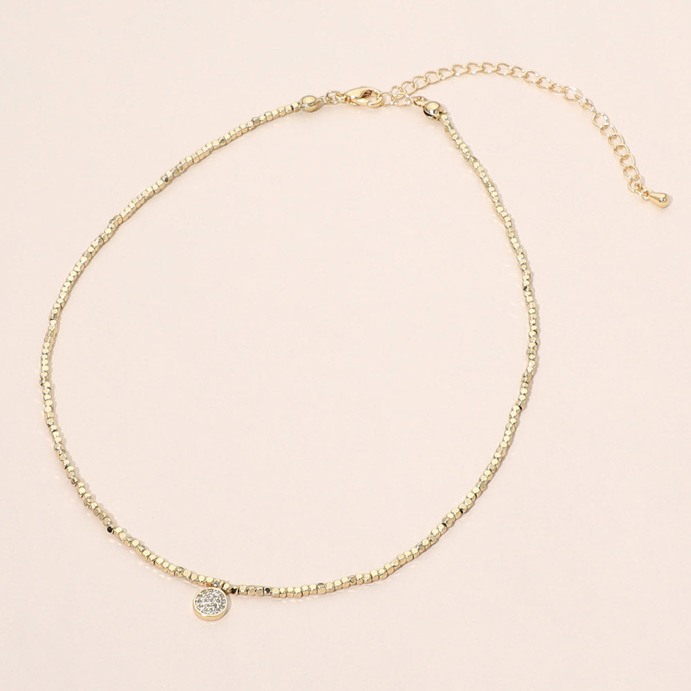 Madeline Love Clear, Gold Dainty CZ Pave Disc Pendant Beaded Choker Necklace