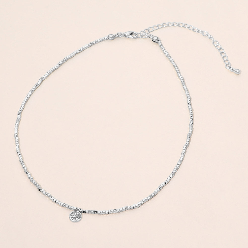 Madeline Love Clear, Rhodium Dainty CZ Pave Disc Pendant Beaded Choker Necklace