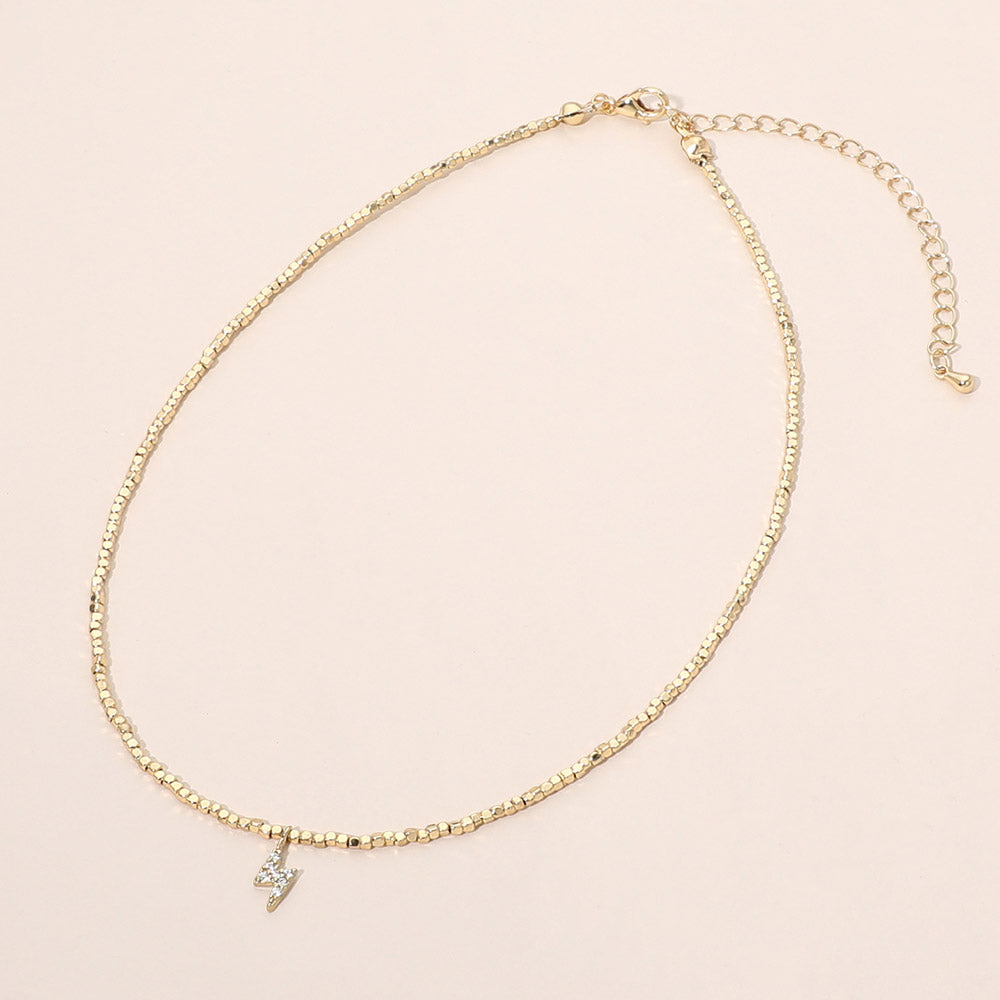 Madeline Love Clear, Gold Dainty CZ Pave Lightning Pendant Beaded Choker Necklace